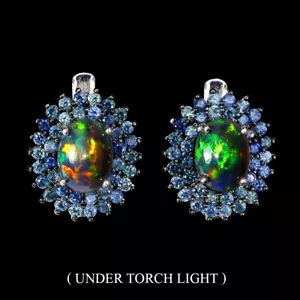 Orecchini In Argento Sterling 925 Ovali Con Opale Nero 8x6mm E Gemma Di Zaffiro - Foto 1 di 13