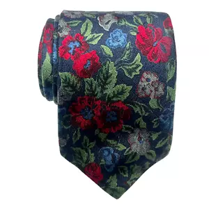 Vintage Etro Mens Tie Silk Floral Print Red Blue Green Grey Necktie Made in USA - Picture 1 of 13