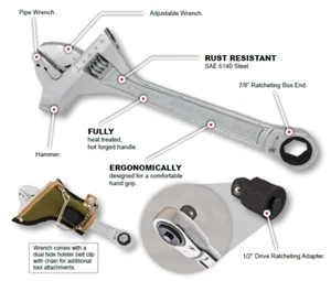 12",CHROME FINISH PROFERRED MINING ADJUSTABLE WRENCH W/ HAMMER - Picture 1 of 7