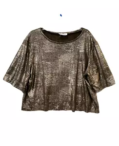 ELVI Top Foil Knit Woman's Size 16 Sparkly Gold Top Round Neck Short Sleeve - Picture 1 of 11