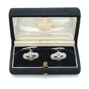 ANTIQUE ART DECO PAIR OF CUFFLINKS 18K GOLD DIAMONDS AND SYNTHETIC SAPPHIRES   - Picture 1 of 12