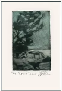 Shoreline Rocks Trees Seascape. Original Impressionist MEZZOTINT ETCHING signed. - Picture 1 of 1