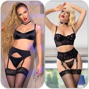Spitzen Soft Cup Satin Bügel BH Set  Dessous String Tanga Strumpfhaltergürtel - Bild 1 von 12