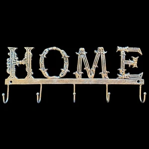 Cast Iron HOME Key Hook Rack Hanger Holder Rustic Lodge Metal Wall Decor 17” - Picture 1 of 10
