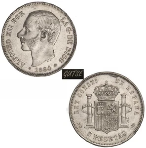 SPANIEN, 251-ALFONSO XII, 5 PESETEN 1884*18-84, MADRID MS M - Bild 1 von 1