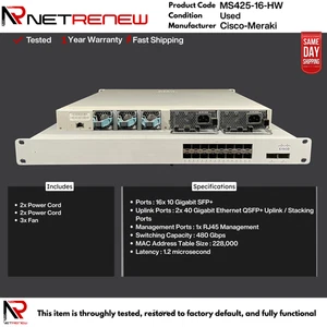 Conmutador administrado en la nube MS425-16-HW Cisco Meraki L3 16 puertos SFP+ - Imagen 1 de 1