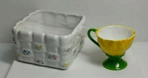 Teleflora Gift Porcelain Floral Weave Easter Basket Container & flower cup Cover