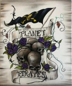 RARE ORIGINAL PAUL KARSLAKE Planet Pirates Skull Gothic Flag OIL PAINTING - Picture 1 of 1