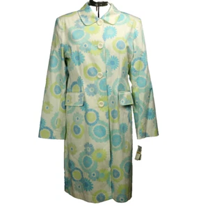 1 Madison Daisy Floral Print Pea Coat Long Lined Turquoise, White, & Lime M - Picture 1 of 24