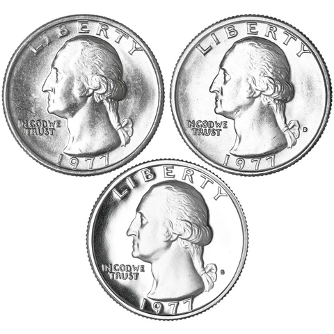 1977 P D S Washington Quarter Year Set Proof & BU US 3 Coin Lot Cover