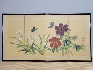 Japanese Butterflies Flowers 32" Hand-Painted 4-Panel Folded Silk Screen - Picture 1 of 10
