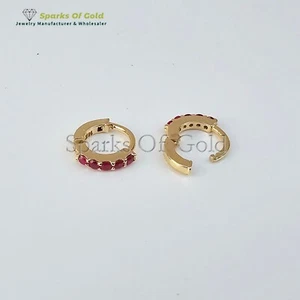 Super Small Huggies 14K Yellow Gold Ruby Hoop Earrings Minimalist Jewelry Gifts - Picture 1 of 7