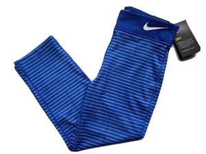 Nike Dry Girls Tight Fit Leggings 3/4 Pants Blue L Large New Indigo Force Stripe - Picture 1 of 9