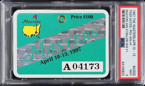 1997 THE MASTERS TICKET BADGE TIGER WOODS FIRST MAJOR WIN PSA 9 MINT Cover