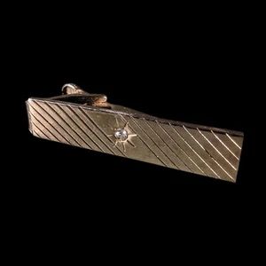 Vintage Tie Clip Bar Classic Gold Tone w Small Faux Diamond - Picture 1 of 4