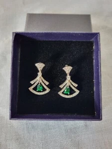 Silver Emerald Simulated Diamond Dangle Earrings May Birthstone JUL - Picture 1 of 5