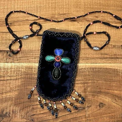 Vintage/ Retro Boho Beaded Velvet Silk Pouch Festival Crossbody Bag - Image 1 of 4