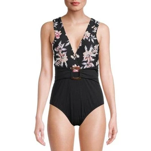 NEW NWT Sz Medium Beach Pool Black Floral Removable Pads 1 Pc Swimsuit - Picture 1 of 3