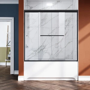ELEGANT 60'' x 57" Black Semi-Frameless Sliding Tub Shower Door Tempered Glass - Picture 1 of 12