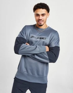 Mens Nike Air Max Fleece Woven Pullover Crew Neck Sweatshirt Jumper Blue Black