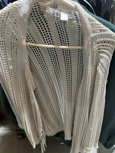 Chicos Open Front Fringe Crochet Cardigan Sz 2 Cover Up Ivory color Ref GBB#150 - Picture 1 of 4