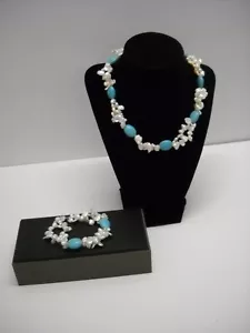 Keshi Pearls & Crackle Turquoise 16" Collar & 7" Conjunto de Pulseras 925 Plata #337 - Imagen 1 de 11
