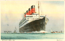 1930s postcard Cunard White Star Line liner RMS AQUITANIA and flying boat