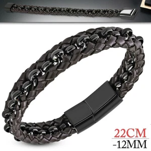 BRACELET HOMME EN CUIR TRESSÉ MARRON LANIERE ET FERMOIR ACIER NOIR 22CM BGO848 - Imagen 1 de 1