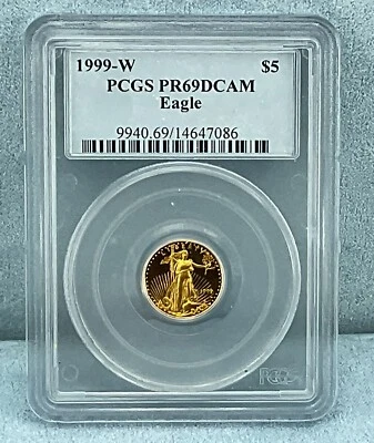 1999-W PCGS PR69DCAM 1/10 oz $5 American Gold Eagle,Mintage 48,428 coins-Rare! - Image 1 of 4