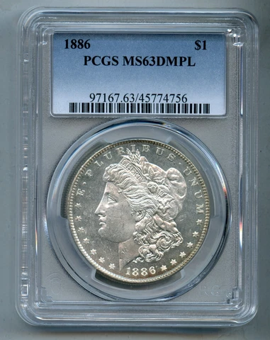 1886 Morgan Silver Dollar PCGS MS 63 DMPL Deep Mirror Proof Like Cover