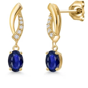 1.15 Ct Oval Blue Sapphire White Lab Grown Diamond 10K Yellow Gold Earrings - Picture 1 of 6