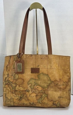 Bolsa tote 1A classe Alviero Martini mapa do mundo geo clássica bolsos com zíper etiqueta de identificação Itália - Imagem 1 de 4
