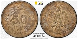MEXICO ESTADOS UNIDOS 1919 50 CENTAVOS COIN CERTIFIED UNCIRCULATED PCGS MS-62 - Picture 1 of 5