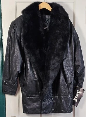Abrigo de cuero Avanti años 80 de colección talla Med. Chaqueta negra cuello piel 50" pecho nuevo con etiquetas  Foto 1 de 4