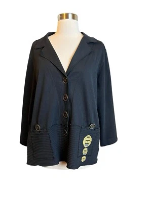 FENINI Blazer L Black Cotton Ribbed Collared Knit Jacket Button Front - Изображение 1 из 4