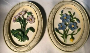 Pair 3D Ceramic Hanging Flower Picture Plaque in Oval Frame - Aster & Linum - Picture 1 of 5