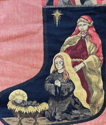 Vtg Nativity Scene Tapestry Christmas Stocking Fabric Panel Cotton Metallic USA - Image 1 of 4