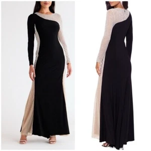 NWT Xscape Ity Beaded Rhinestone Long Sleeve Gown Maxi Dress Curvy Sz 4 - Picture 1 of 14