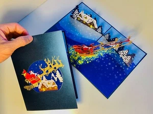 Origami Pop Cards Merry Christmas Premium Santa Sleigh Happy Holidays 3D Pop Up - Picture 1 of 12