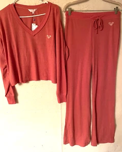 ROXY Womens 2 Pc Pajama Set Waffle Wide leg Long Sleeve Cropped top Pink NWT NEW - Picture 1 of 3