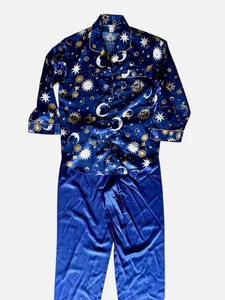 Vintage Whimsigoth Celestial Moon Stars Satin Pyjama royalblau Lounge Hose Set Gr. M - Bild 1 von 10
