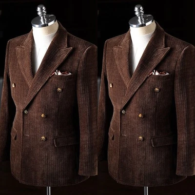 Traje Marrón Pana Hombres Doble Pecho Pico Solapa Formal Fiesta Boda Blazer Foto 1 de 4