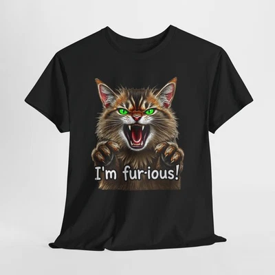 Furious Cat Unisex Tee Funny Heavy Cotton Shirt Gift for Cat Lovers Humor Top - Image 1 of 4