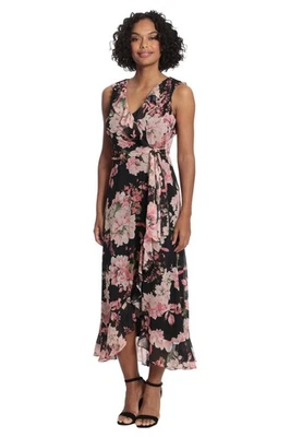 Vestido maxi London Times feminino 14W envoltório falso babado chiffon preto floral novo com etiquetas $18 - Imagem 1 de 4