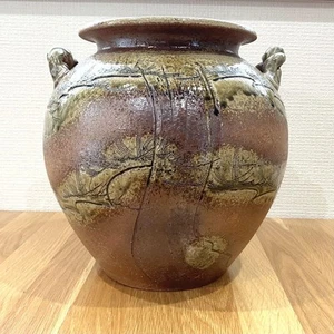 Shigaraki Ware Flower Vase Akiyama Oribe Glaze Large 27cm Used - Picture 1 of 17
