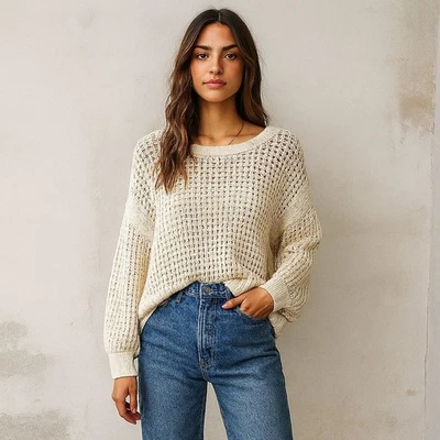 Suéter Boho Beachy Tejido Abierto Grande Azul Marino Para Mujer Talla L Marfil Clásico Foto 1 de 4