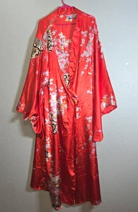 Kimono Stil Morgenmantel Damen Rot Blumenmuster Seide Langarm Luxuriös Orientalisch - Bild 1 von 11
