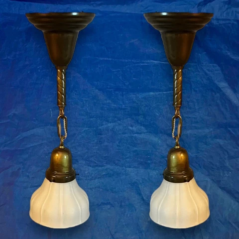 Wired Pair Brass Pendant Light Fixtures W/ Scalloped White Shades 2G Cover