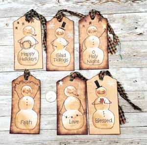 6-Christmas-Primitive-Farmhouse-Pipberry-Snowman-Linen Cardstock-Gift-Tags - Picture 1 of 1