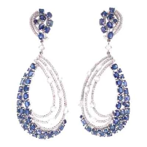 Blue Sapphire and Rose Cut Cubic Zirconia Chandelier Earrings Set In 925 Silver - Picture 1 of 6